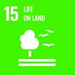 White tree, birds, and lines representing land on a bright green background, with text "15 Life on Land" in bold white font at the top left, representing sustainable development goal number 15.