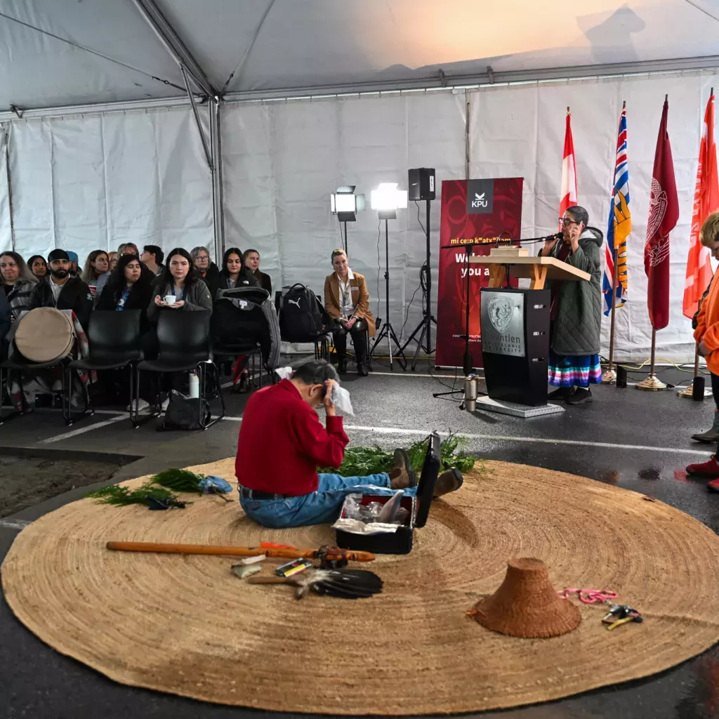 First Nations Elders lead a land awakening ceremony at KPU Surrey for a future child care centre.